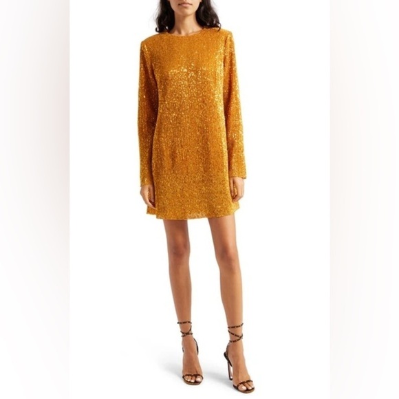 New Stine Goya Odis Mini Shift Dress Gold Sequin Sparkle Long Sleeve Sz S - Picture 3 of 16